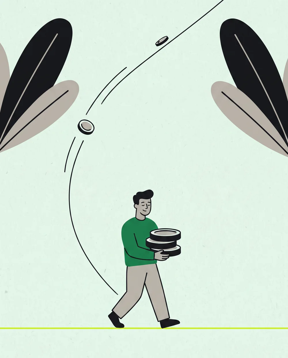 Illustration: a person carrying a stack of coins along a rail, with more coins gliding up a second rail behind them