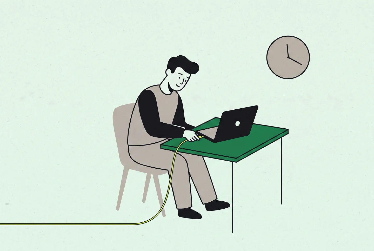 Illustration: a person plugging a single cable into a laptop, a clock on the wall behind